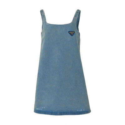 Prada Logo-plaque Flared Denim Dress In Nero