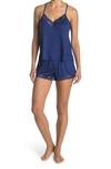 In Bloom By Jonquil Lace Trim Satin Camisole & Shorts 2-piece Pajama Set In Navy