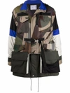 Sacai Abstract-print Colour-block Parka In Brown