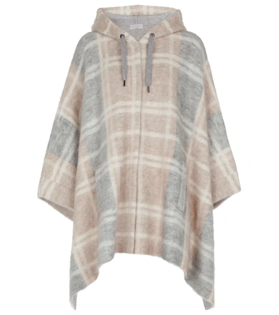 Brunello Cucinelli Check Wool-blend Hooded Poncho In Beige
