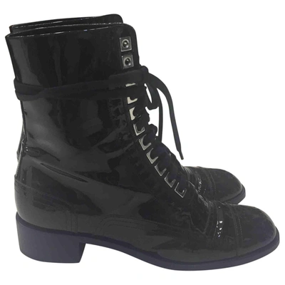 Pre-owned Chanel Patent Leather Lace Up Boots In Black