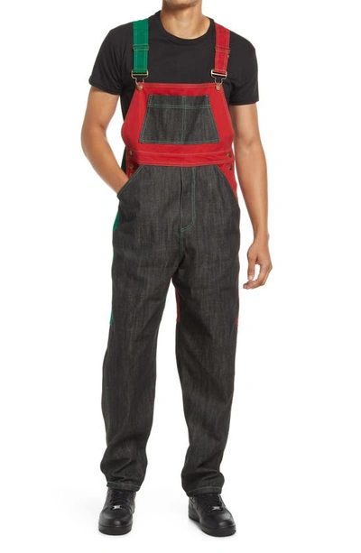 Cross Colours Gender Inclusive Colorblock Cotton Denim Overalls In Black Red Green