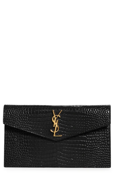 Saint Laurent Uptown Croc Embossed Leather Pouch In Nero