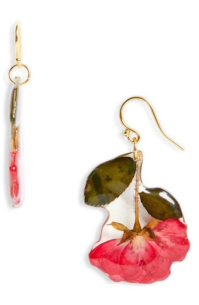 Dauphinette Pressed Rose & Stem Drop Earrings In Red Rose