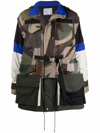 Sacai Abstract-print Colour-block Parka In Camouflage