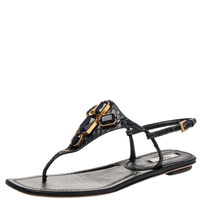 Pre-owned Prada Black Python Embellished Thong Flat Sandals Size 38