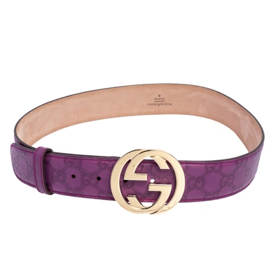 Pre-owned Gucci Ssima Leather Interlocking G Buckle Belt 85 Cm In Purple