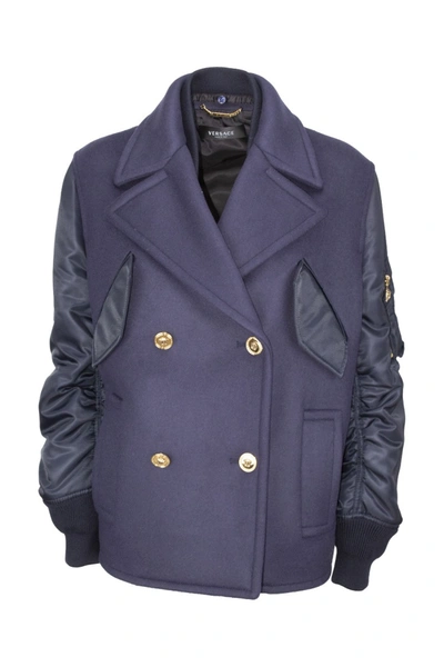 Versace Double-breasted Panelled Peacoat In Blue