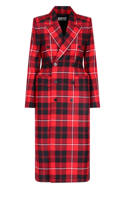 Balenciaga Hourglass Double-breasted Checked Wool-twill Coat In Red