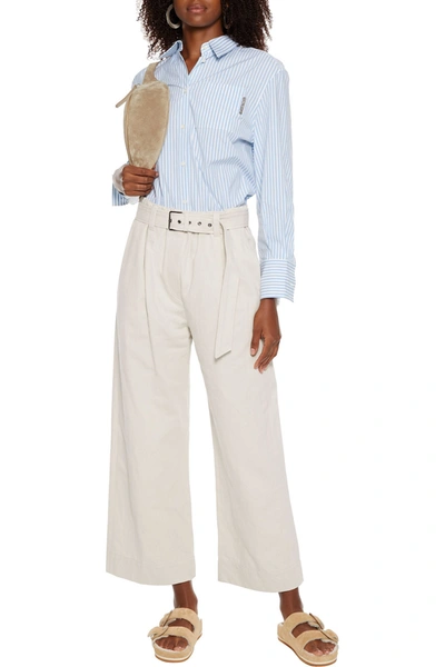 Brunello Cucinelli Belted Cotton And Linen-blend Wide-leg Pants In Off-white