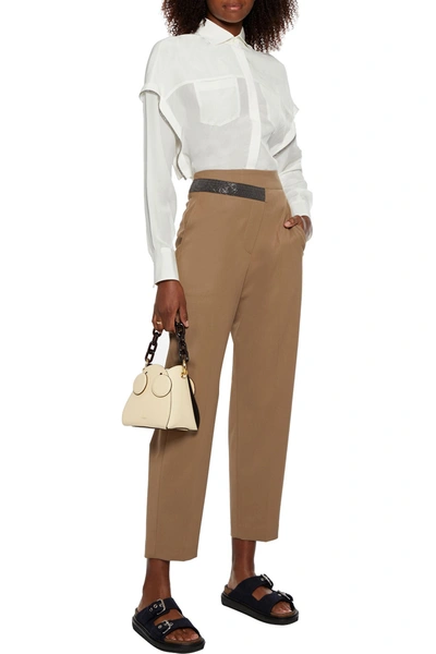 Brunello Cucinelli Bead-embellished Wool-blend Twill Tapered Pants In Brown