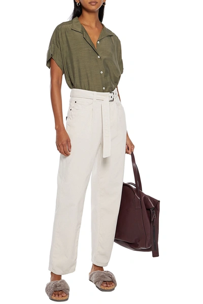 Brunello Cucinelli Denim-paneled Embellished Cotton-corduroy Straight-leg Pants In Beige