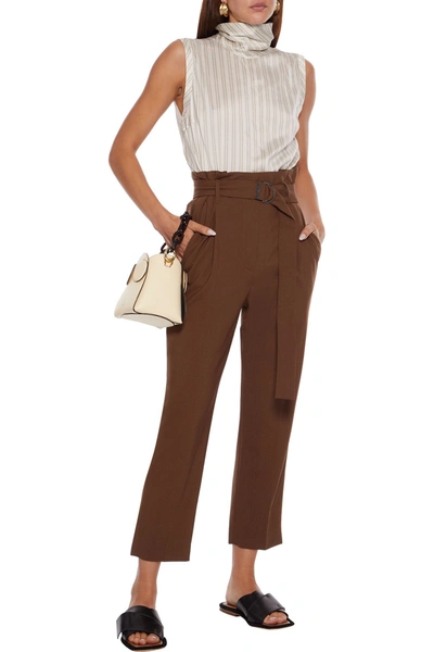 Brunello Cucinelli Cropped Belted Wool-blend Straight-leg Pants In Brown