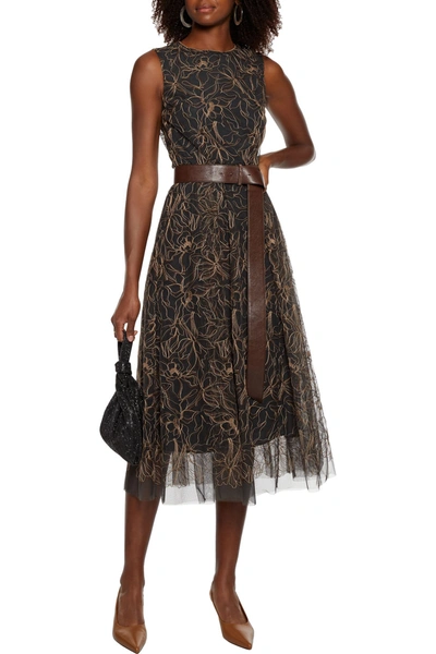 Brunello Cucinelli Belted Pleated Embroidered Tulle Midi Dress In Charcoal