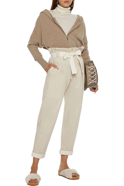 Brunello Cucinelli Cropped Belted French Cotton-blend Terry Straight-leg Pants In Off-white