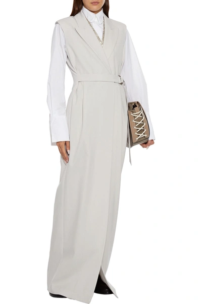 Brunello Cucinelli Layered Sequined Crepe De Chine And Wool-blend Twill Maxi Wrap Dress In Beige