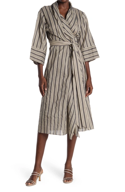 Brunello Cucinelli Stripe Belted Midi Dress In Grey/cream