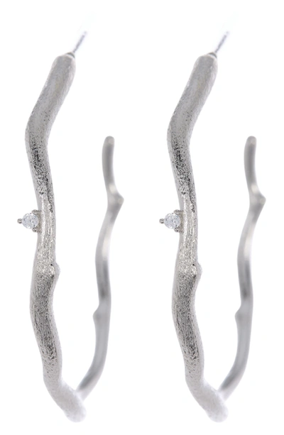 Rivka Friedman Bamboo Shaped Cz Open Hoop Earrings In White Rhodium Clad