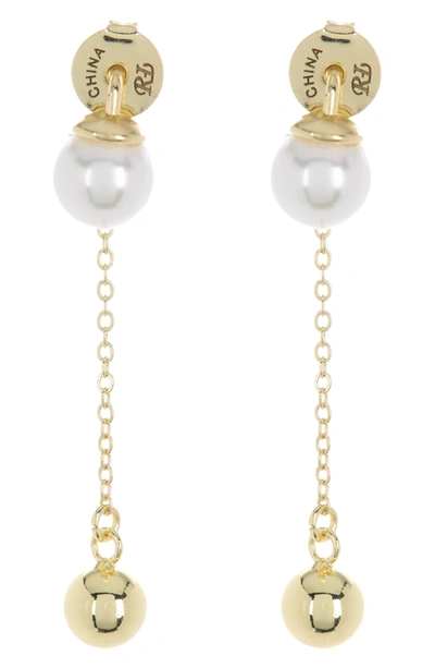 Rivka Friedman 18k Yellow Gold Plated Imitation Pearl Linear Drop Earrings In 18k Gold Clad
