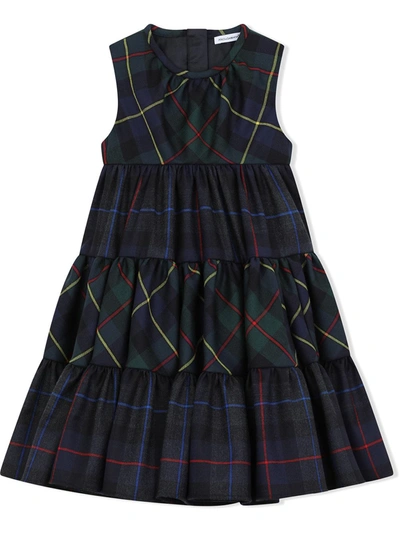 Dolce & Gabbana Kids' Green Mixed Tartan Midi Dress In Navy