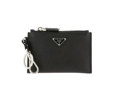 Prada Saffiano Leather Iconic Trick Coin Purse Keychain In Black