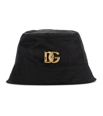 Dolce & Gabbana Nylon Bucket Hat With Dg Crystal Embellishment In Black