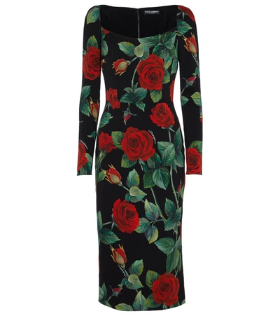 Dolce & Gabbana Floral-print Stretch-silk Midi Dress In Nero