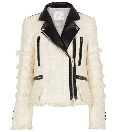 Sacai Leather-trimmed Fringed Tweed Jacket In White/black