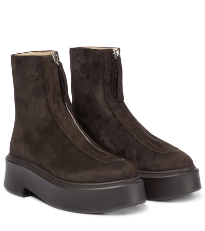 The Row Zipped Boot 1 Suede Ankle Boots In Dark Brown