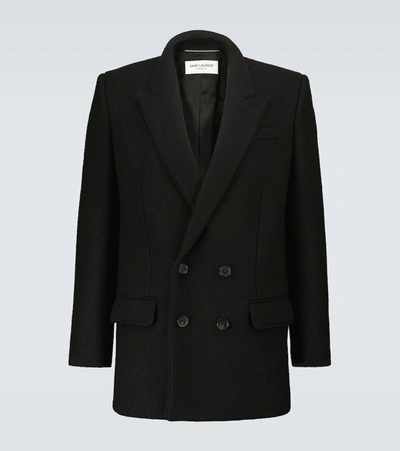Saint Laurent Double Breasted Wool And Mohair Coat In Black