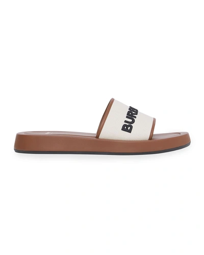 Burberry Buckingham Leather And Embroidered-canvas Slides In Tan