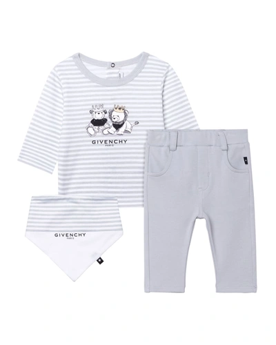 Givenchy Kid's 3-piece Lion And Bear Trouser Set W/ Bib In 015 Lt Grey