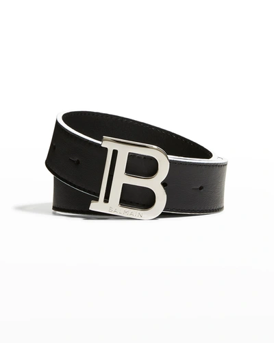 Balmain Kid's B Logo Buckle Leather Belt In Black/white