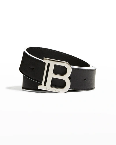 Balmain Kid's B Logo Buckle Leather Belt In 930bc Blkwht