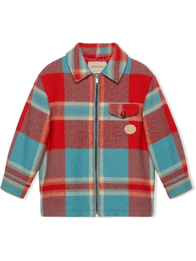 Gucci Boys Red/turquoise/mc Kids Check-print Wool Coat 4 Years In Blue