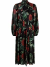 Dolce & Gabbana Black Rose Print Flared Silk Dress In Black