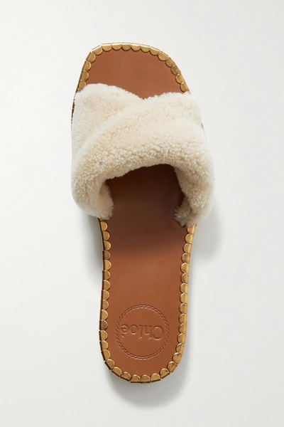 Chloé Idol Embellished Leather And Shearling Slides In Cream