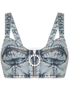Alessandra Rich Crystal-embellished Zip-pull Denim Bralette In Blau