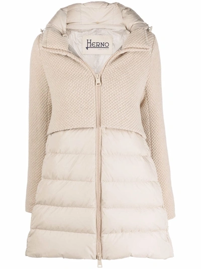 Herno Knitted-panel Padded Coat In Nude