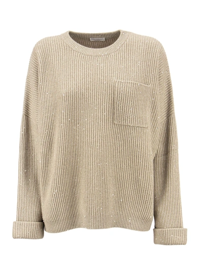 Brunello Cucinelli Dazzling & Sparkling Cashmere And Wool Rib Sweater With Breast Pocket In Nut