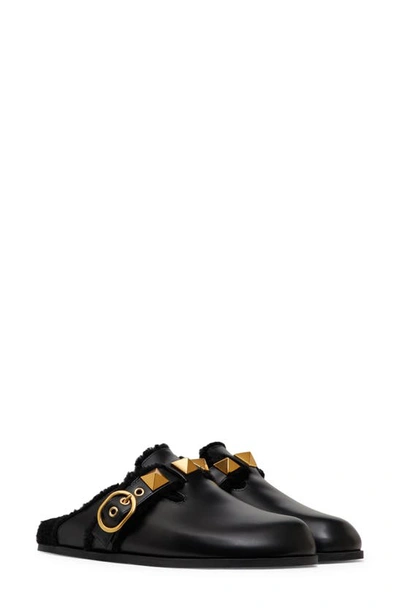Valentino Garavani Roman-stud Leather And Shearling Backless Loafers In Black