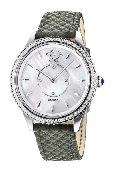 Gv2 Siena Mother Of Pearl White Dial Diamond Green Leather Strap Watch, 38mm