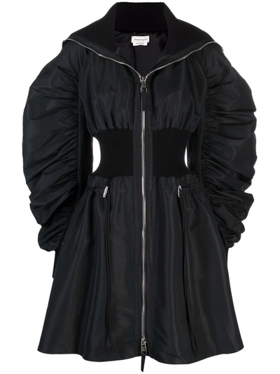 Alexander Mcqueen Puff-sleeve Bomber-style Flared Coat In Black