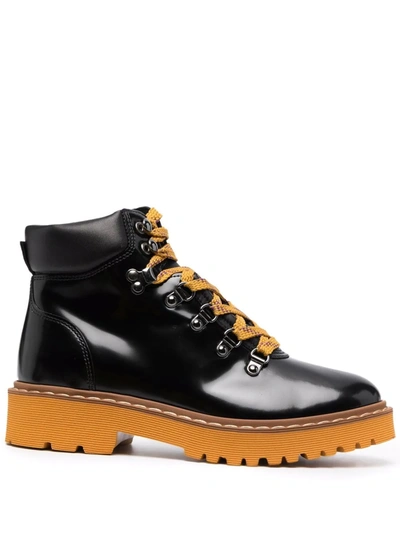 Hogan Black Abraded Leather Hiking Boots