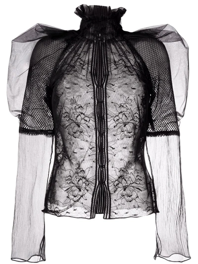 Tom Ford Patchwork Lace Puff-sleeve Blouse In Black
