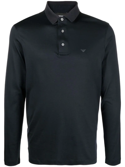 Emporio Armani Logo-print Long-sleeve Polo Shirt In Blue