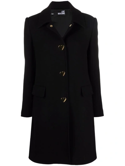 Love Moschino Single Breasted Coat W/heart Buttons In Black