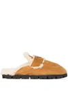 Prada Triangle-plaque Shearling Slippers In Brown