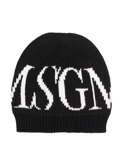 Msgm Kids' Logo Beanie In Black