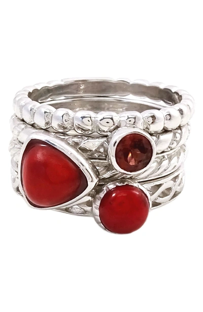 Savvy Cie Jewels Sterling Silver Red Coral & Garnet Stackable Ring Set